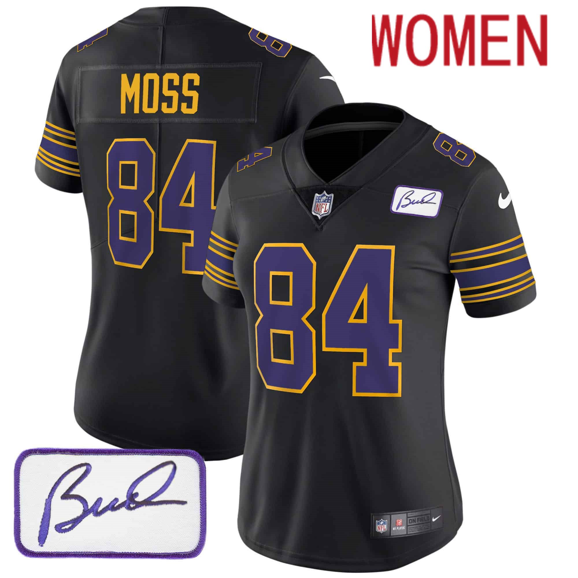Women Minnesota Vikings 84 Moss Black 2024 Nike Bud Grant Patch Classic Limited NFL Jersey